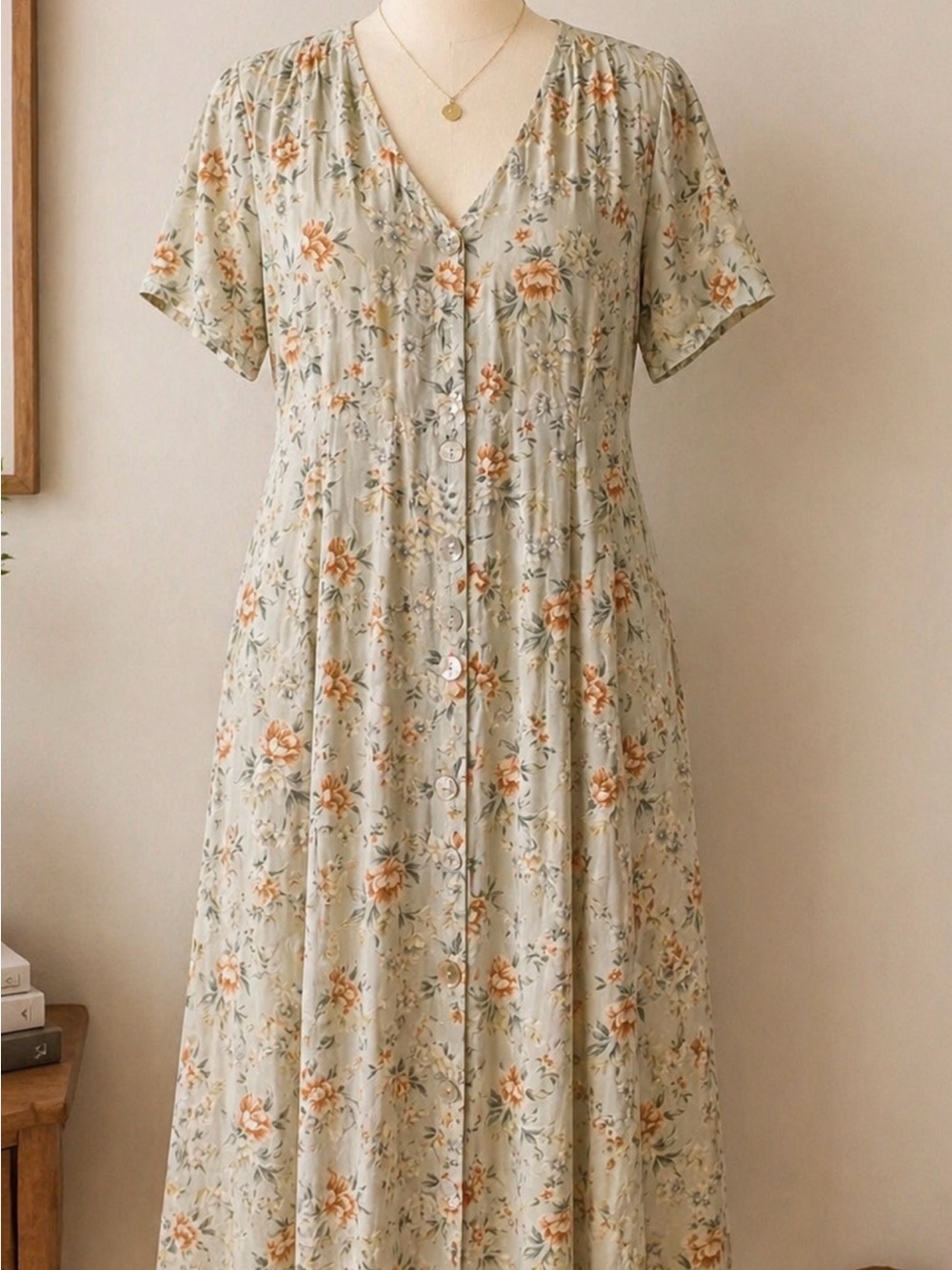 Vintage Floral Midi Dress Cottagecore Button Front Rayon Size 14 Soft Neutral